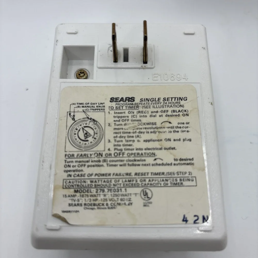 SEARS Single Setting Plug-In Appliance Light‎ Program Timer Model 279-75031-1